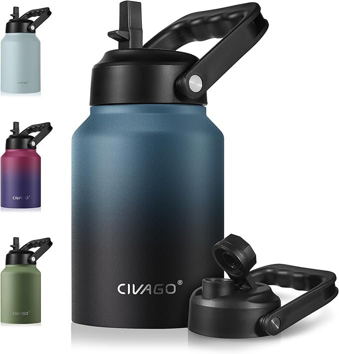 CIVAGO Half Gallon Insulated Water Bottle Jug with Straw, 64 oz Large Stainless Steel Sports Metal Water Flask with Handle, Big Thermal Water Cup Mug with 2 Lids for Camping & Fishing, Indigo Black