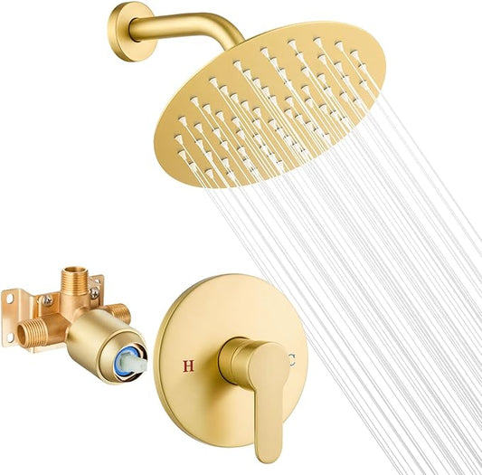 Airuida Shower Faucet Set,8 Inch Round Rainfall Shower Head,SUS304 Stainless Steel Single Handle Shower Trim Kit,Wall Mount Bathroom System with Male Threads Valve Brushed Gold