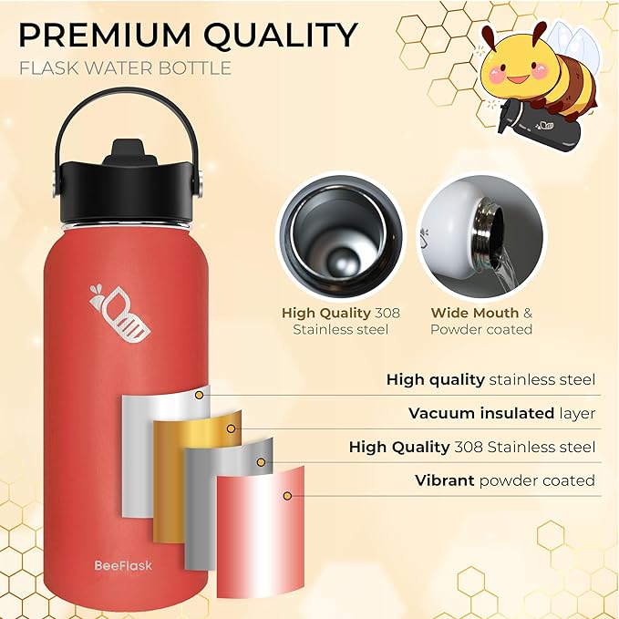 Sports Water Bottle - 32 Oz, 3 Lids (With straw), 50 Cute Stickers, Vacuum Insulated, 308 Stainless Steel, with a Portion of Sales Supporting Bee Conservation Efforts (Watermelon)