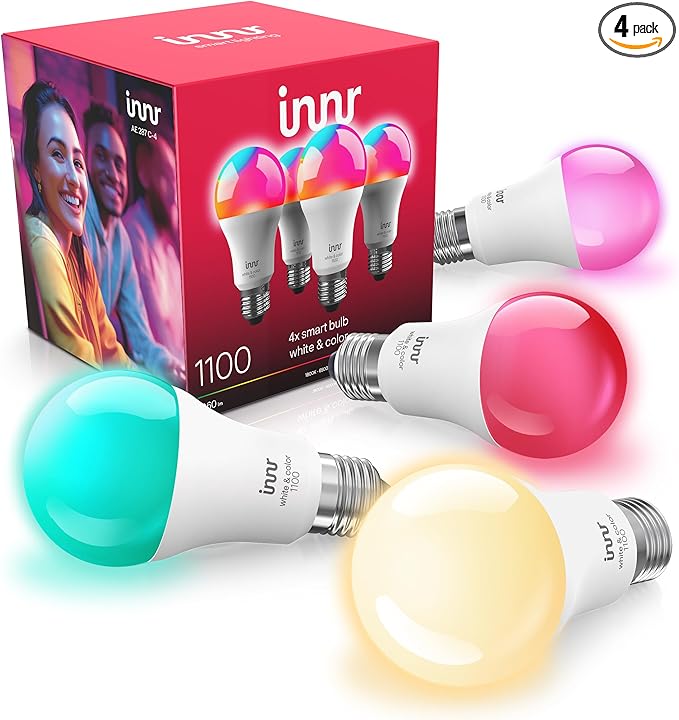 innr Zigbee A19 Smart Bulb, Works with Hue*, Alexa, SmartThings, White & Color, 40% More Brightness, E26 LED Color Changing Light Bulb, Dimmable, 1100 Lumen, 4-Pack