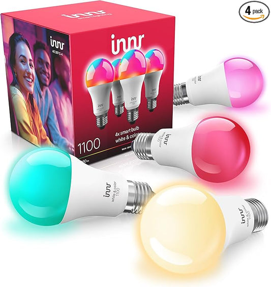 innr Zigbee A19 Smart Bulb, Works with Hue*, Alexa, SmartThings, White & Color, 40% More Brightness, E26 LED Color Changing Light Bulb, Dimmable, 1100 Lumen, 4-Pack