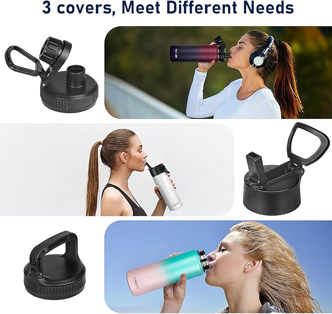 Insulated Water Bottle 24oz Stainless Steel Water Bottles with Straw&3 Lids Sports Metal Water Bottle Thermos Cup Double Walled Vacuum Insulated Bottles Leak-Proof Travel (Gradient Blue)