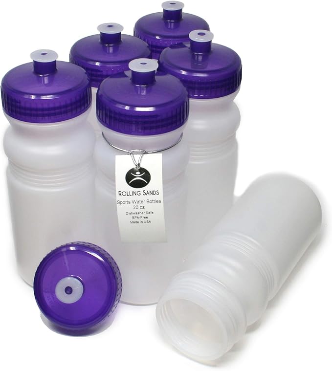 Rolling Sands 20 Ounce Sports Water Bottles 6 Pack, BPA-Free, Made In USA, Dishwasher Safe, Clear Frost Bottles/Purple Lids