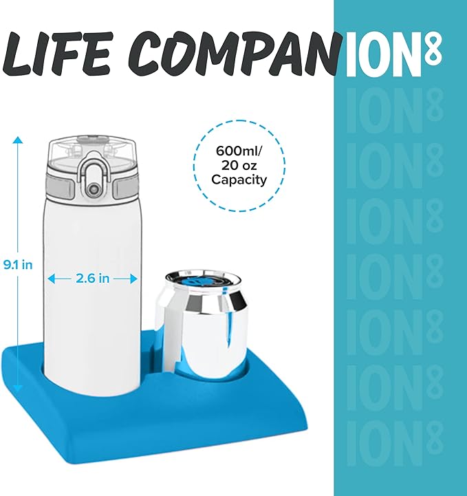 Ion8 Steel Water Bottle, 600 ml/20 oz, Leak Proof, Easy to Open, Secure Lock, Dishwasher Safe, Hygienic Flip Cover, Fits Cup Holders, Carry Handle, Durable, Carbon Neutral, Metallic Aqua