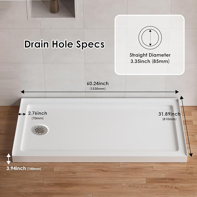 60"x 32" Shower Base, Left Drain Single Threshold Shower Pan with Slip Resistant Textured Surface, Stainless Steel Drain Cover（Left）