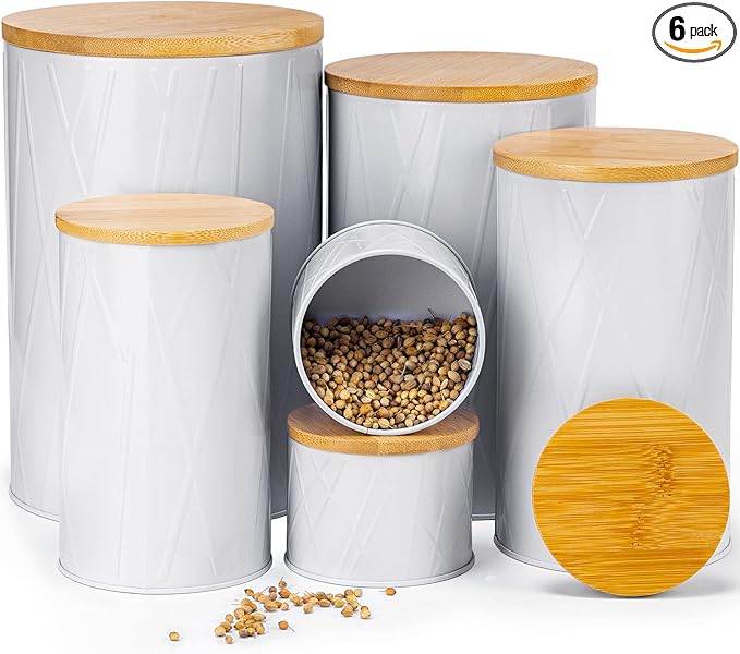 White Canister Sets for Kitchen Counter, Kitchen Canisters Set of 6, Flour and Sugar Containers, Coffee and Tea Storage, Modern Farmhouse Kitchen Decor