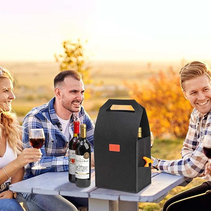 Peohud 6 Bottle Wine Carrier Tote, 3 Pack Thick Felt Wine Bottle Bags with Removable Divider, Portable Wine Gift Bag Reusable Grocery Bags for Travel, Camping, Picnic, Perfect Wine Lover Gift