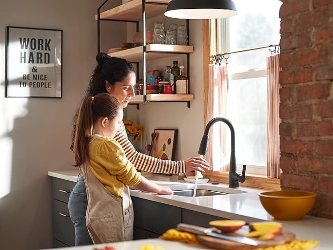 Moen 87627EIBL Haelyn Matte Black Single-Handle Pull-Down Kitchen Faucet with LED Light Colorcue Temperature Indicator and Soap Dispenser