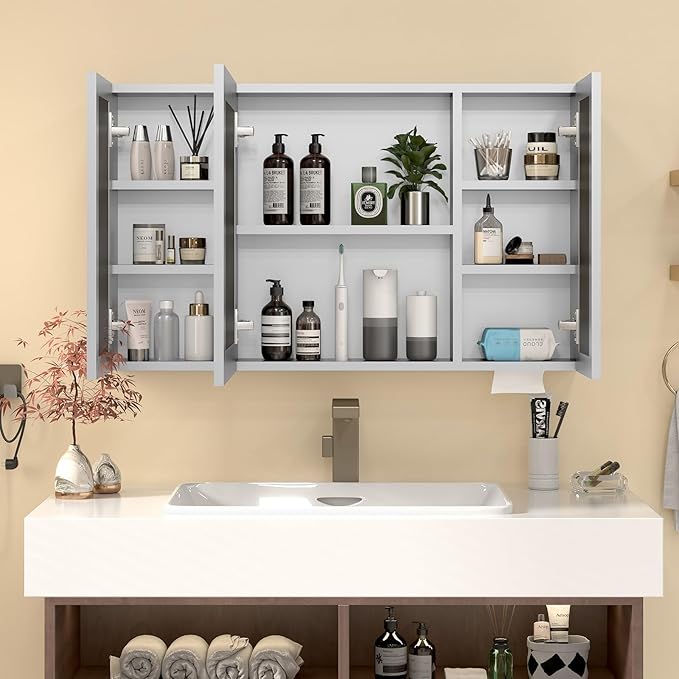 40x24 Inch Medicine Cabinet with Light, AL Alloy Frame, Full-Assembled Bathroom Mirror Cabinet with Brightness Adjustable and Storage Shelves, Led Medicine Cabinet with Recessed or Wall Mount,Sliver
