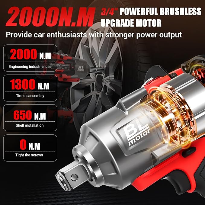Cordless Impact Wrench 3/4" for Milwaukee 18V Battery, Impact Wrench 1500FT-LBS(2000N.m) High Torque Brushless Electric Impact, with 3 Speed Modes Power Impact Driver