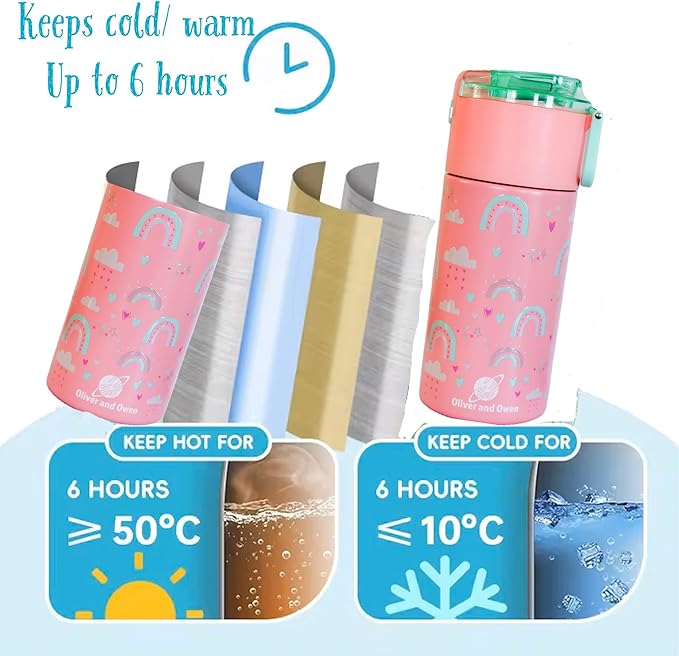 Kids insulated water bottle with straw and snack cup. Double wall stainless steel 14oz (Hot peach and light turquoise green rainbow)