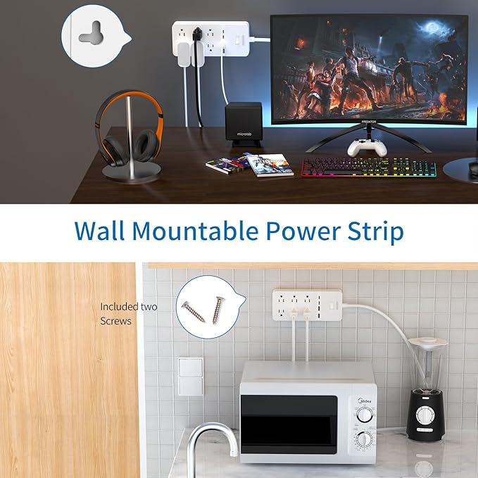 NTONPOWER 2 Prong Power Strip with 10ft Extension Cord, 2100J Surge Protector 1875W with 6 Outlets 4 USB Ports (2 USB C), 3 Prong Outlet Adapter, Wall Mount for Non-Grounded Plug, Ideal for Old House