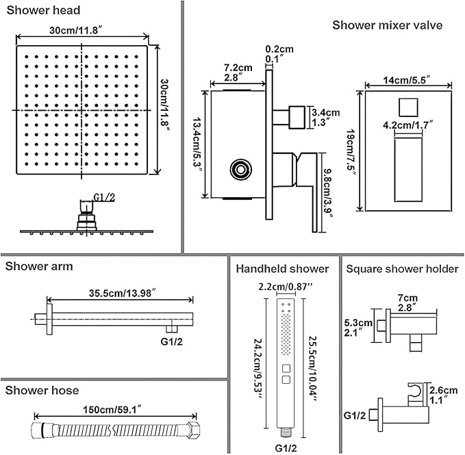 RUMOSE Brushed Gold Rainfall Shower System 12 Inch High Pressure Square Shower Head with 2 in 1 Handheld Spray Wall Mount Brass Bathroom Shower Faucet Set with cUPC Certified Rough-in Valve