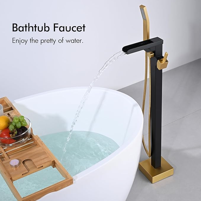 BAGNOLUX Solid Brass Floor Mount Bathtub Faucet Free Standing Tub Faucet Freestanding Tub Filler Black Gold High Flow Rate Swivel Spout with Hand Shower, ‎YGSLT-Waterfall Black+Gold