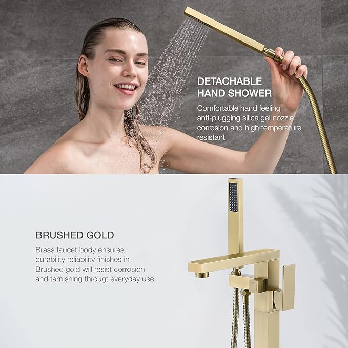 TapLong Brass Freestanding Bathtub Faucet Single Handle Brushed Gold Bath Tub Filler Faucet with Hand Shower High Flow Rate Max 6 GPM, Floor Mount, 51001BG