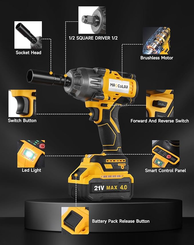 Cordless Impact Wrench 627Ft-lbs (850N.m) High Torque,1/2 inch Impact Wrench,2400 RPM Brushless Power Impact Gun with 2x 4.0 Ah Battery,Electric Impact Driver for Car Home