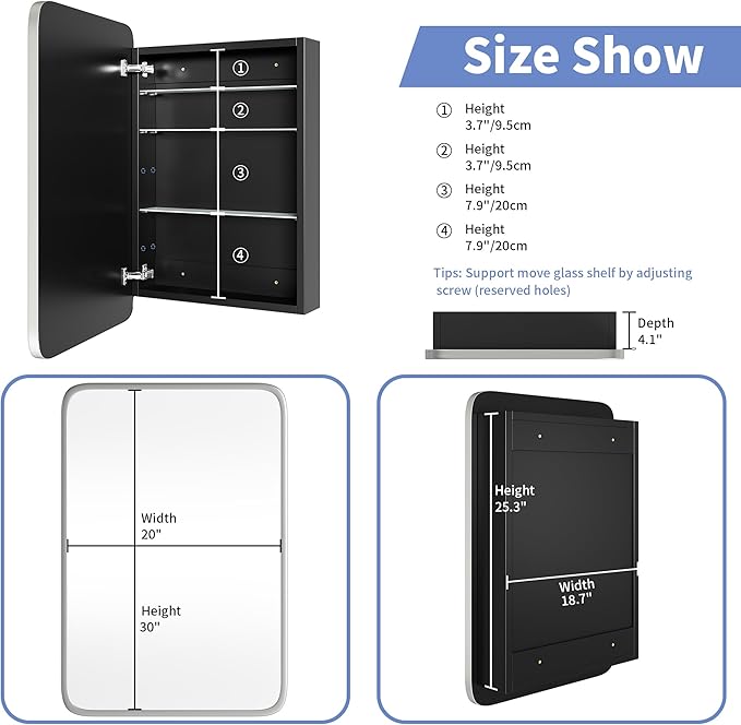 Bathroom Wood Black Cabinet with 20''x30'' Brushed Nickel Metal Frame Curved Mirror, Recessed Medicine Cabinet, Bathroom Storage Cabinet