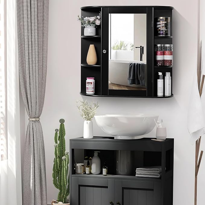 Iwell Bathroom Medicine Cabinet with Mirror, Wall Cabinet with 2 Adjustable Shelves & 6 Open Shelves, Bathroom Cabinet Wall Mounted, Over The Toilet Space Saver Storage Cabinet, Black
