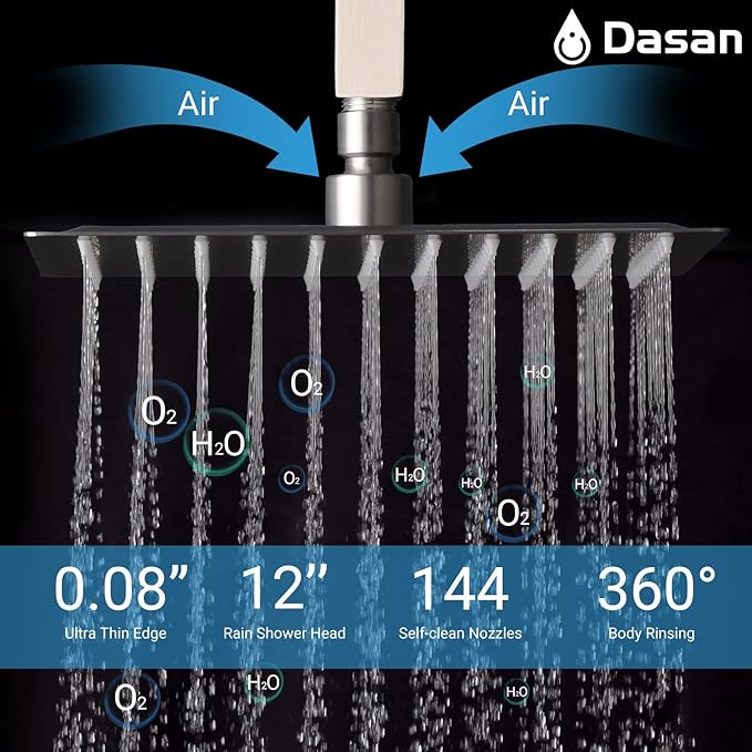 Brushed Nickel Shower System with 4 PCS Shower Body Spray Jets & 12’’ Ceiling Shower Head & Handheld Spray, DASAN Full Body Shower Faucet System with Jets Rainfall Shower Combo Set, SA-SS03BBN-S12C