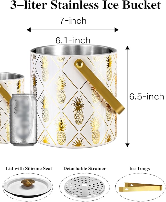 Ice Bucket for Parties with Lid, Strainer & Gold Ice Tongs, 3L Stainless Steel Insulated Champagne Buckets for Cocktail Tiki Bar, Pineapple Embossed White Ice Container Wine Drinks Chiller