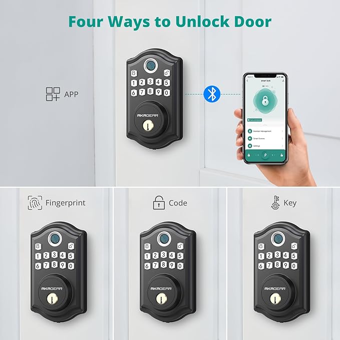 DS10 Pro Keyless Entry Door Lock with Handle - 2 Lever Handles, Bluetooth APP Control, Fingerprint Door Locks, Electronic Keypad Deadbolt Lock, Smart Doors Lock, Auto-Lock, Matte Black