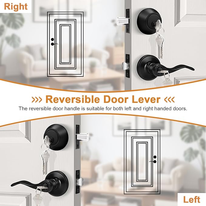 Probrico Front Door Handle and Single Cylinder Deadbolt Set, Black Exterior Door Handle with Deadbolt Lockset,Wave Reversible Door Lever Locks with Deadbolt Set, Keyed Alike 4Pack