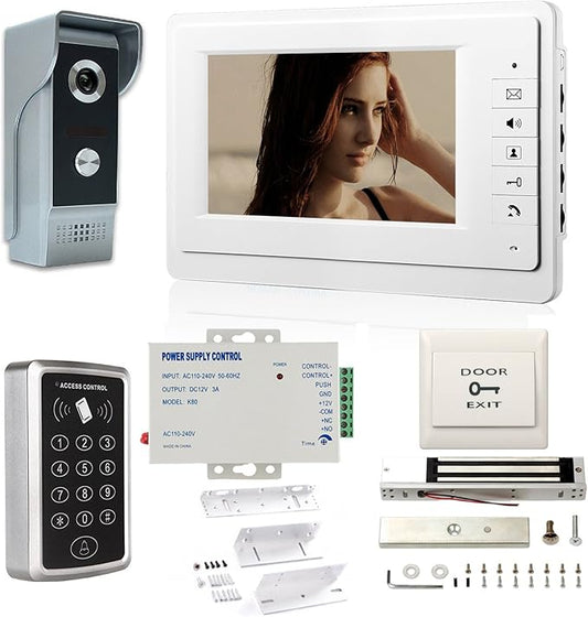 MENGQI-CONTROL 7'' LCD Video Door Phone Intercom Systems Via Password Open Door 600lbs Electronmagnetic Lock Access Control & Power Unit & ZL Bracket Full Kits