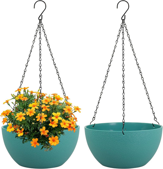 10 inch Hanging Planters for Indoor Outdoor Plants, 2 Pack Hanging Flower Pots with Drainage Holes and Chain for Garden Porch, Plastic Hanging Baskets for House Plants, Blue Green