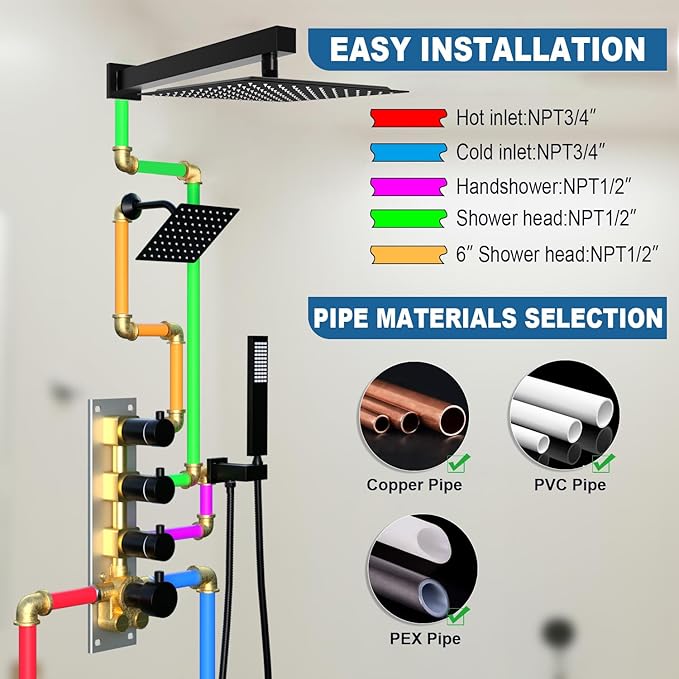Enga Thermostatic Dual Shower System, 12"+6" Wall Mount Dual Rain Shower Faucet, All Functions Use Together & Volume Adjustable, Matte Black