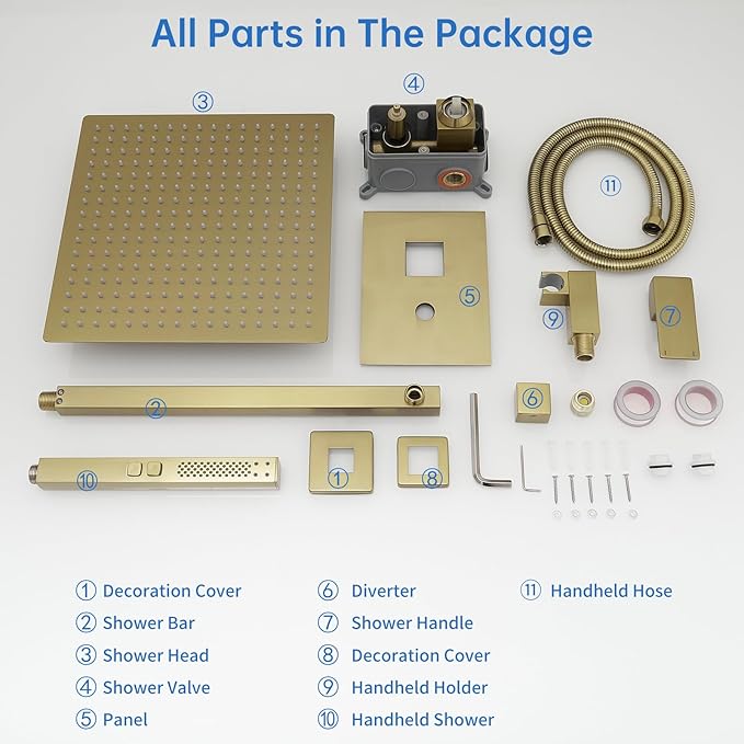 RUMOSE Brushed Gold Rainfall Shower System 12 Inch High Pressure Square Shower Head with 2 in 1 Handheld Spray Wall Mount Brass Bathroom Shower Faucet Set with cUPC Certified Rough-in Valve