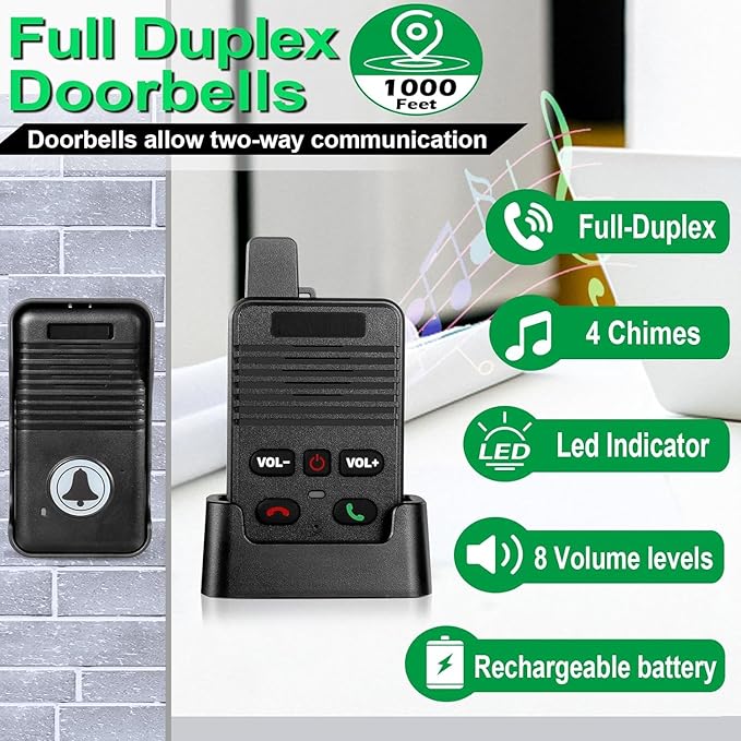Wireless Door Bell, Full Duplex Long Range Wireless Doorbell, Waterproof 2 Way Communication Doorbell, 8 Volume Levels 4 Chime Wireless Doorbells For Home Business(Black, 2 Receiver, 1 Transmitter)