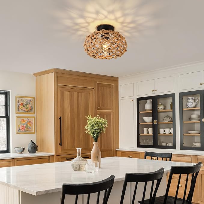 Rattan Ceiling Light Fixtures, Woven Wicker Semi Flush Mount Ceiling Light, Coastal Boho Rattan Ceiling Light for Farmhouse Bedroom Hallway Entryway Kitchen