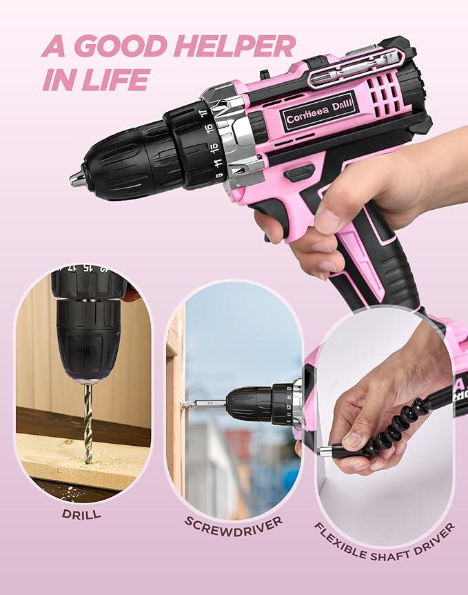 Pink Cordless Drill Set, 21V Electric Power Drill for Women, Lightweight Electric Screwdriver Driver with Power Pack & Charger, 2 Speed, 3/8" Keyless Chuck, 27 Pcs Womens Tool Kit for Home DIY & House