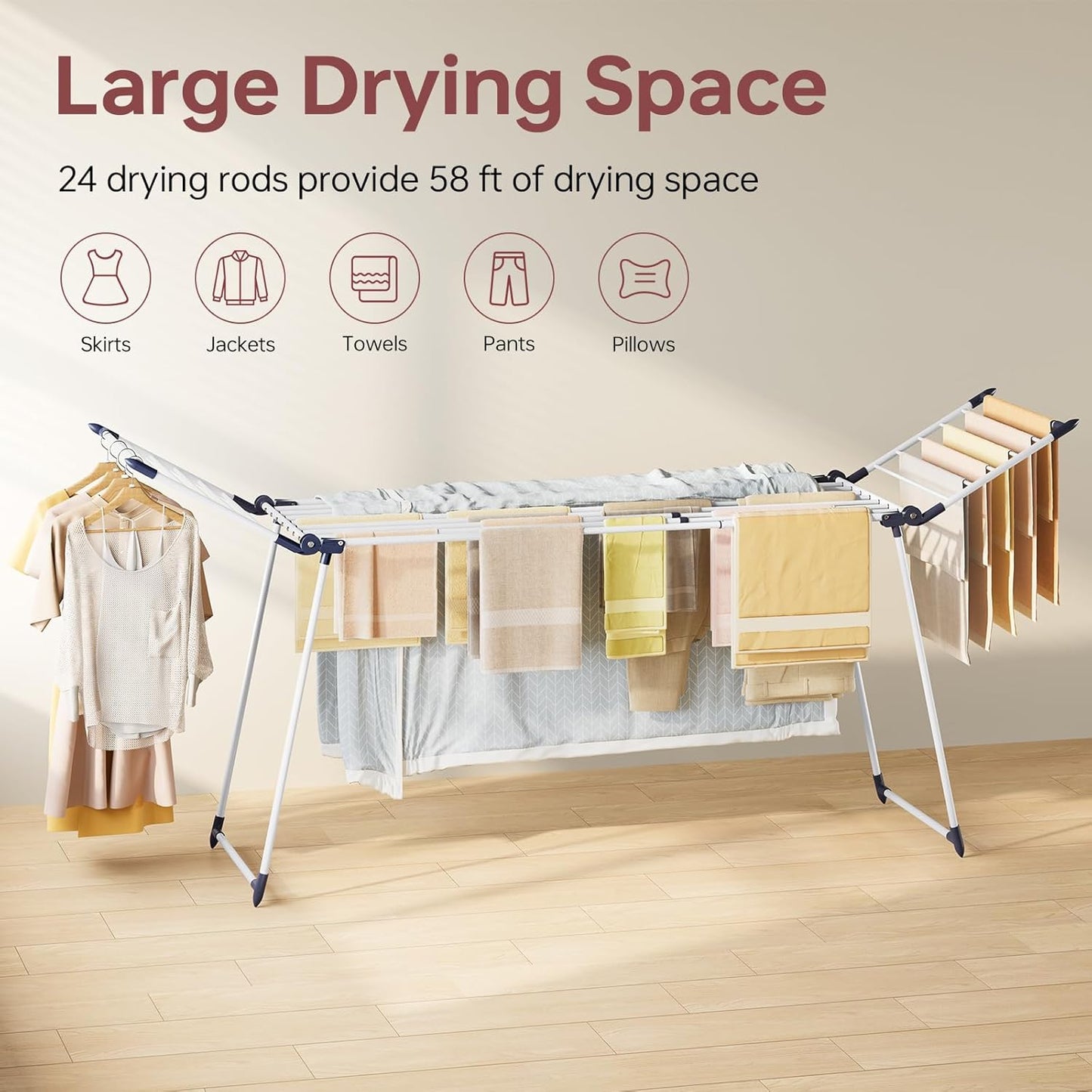 APEXCHASER Clothes Drying Rack Foldable, Large Drying Rack for Clothing Retractable, Winged Laundry Rack Folding Indoor Outdoor, Metal Clothes Airer for Bedding Towel Sweater Heavy Duty, White