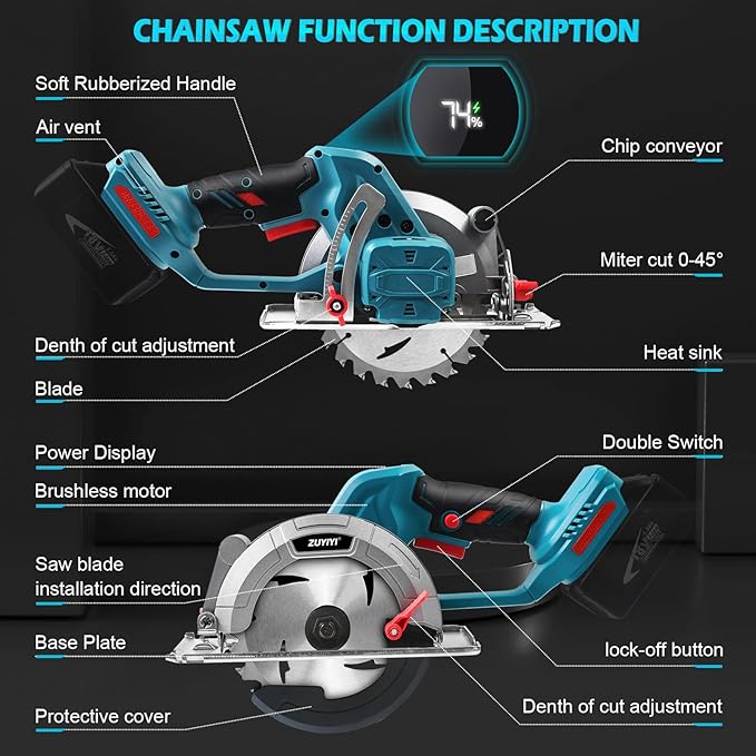 6 Inch Cordless Mini Circular Saw for Makita 18V Battery(Not Inclued), 12000RPM 2"(90°) Cutting Depth, Brushless Compact Tile Saw for Wood, Tile, Metal, Plastic, for 5-1/2, 5-3/8 Inch Blade