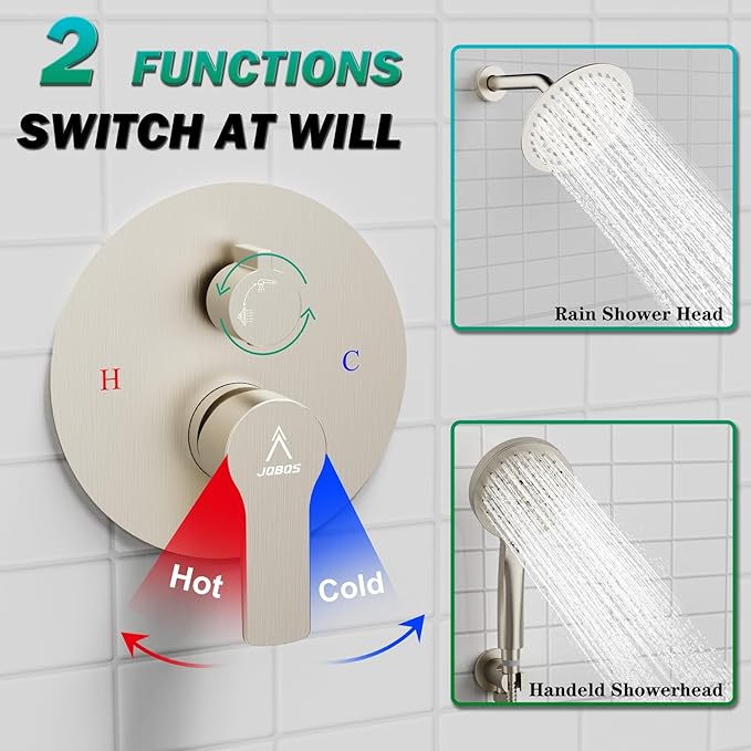 Shower Faucet Set 8IN Brass Rough-In Valve Body Trim Kit Rainfall Included Handle Accessories Complete 2 Functions with Rain Head and Handheld Bathroom Systems (8'', Brushed Nickel)