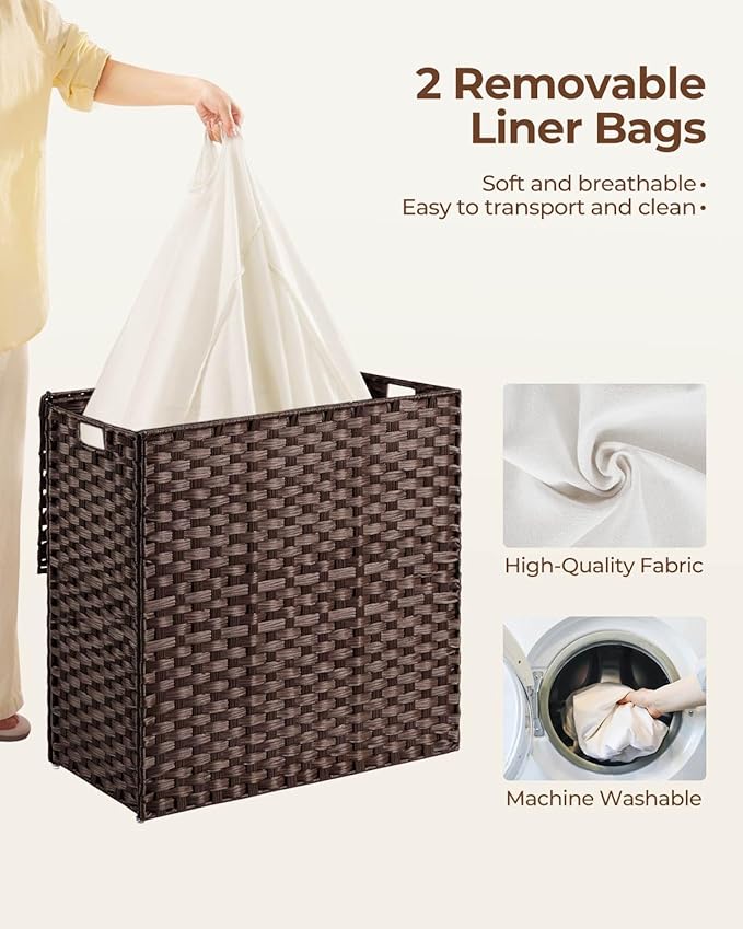 Greenstell Laundry Hamper with lid, No Install Needed, 130L Wicker Laundry Baskets Foldable 2 Removable Liner Bags, 2 Section Clothes Hamper Handwoven Rattan Laundry Basket with Handles, Brown