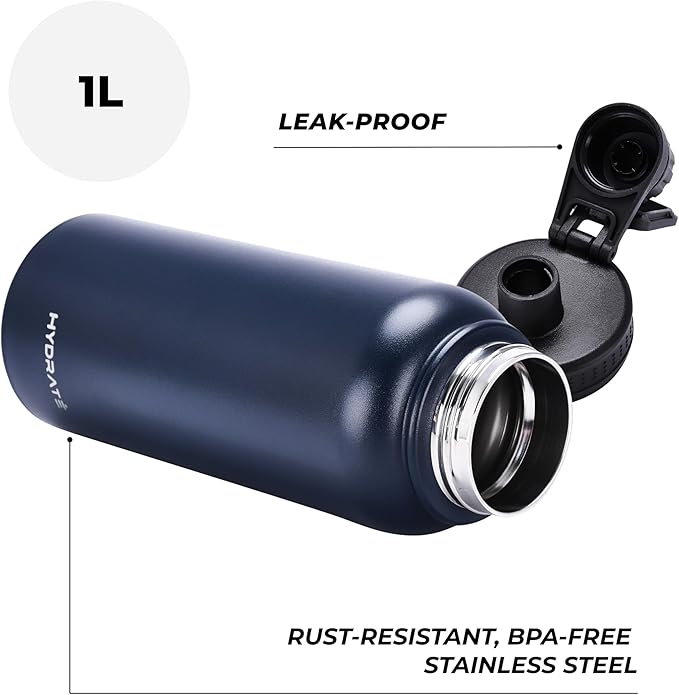HYDRATE Insulated Stainless Steel Water Bottle - Large Reusable Flask with Leak-Proof Design and Convenient Handle - Double Vacuum Insulation for School, Work, or Adventure