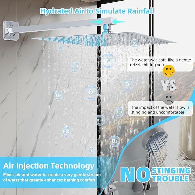 Bathroom Shower Faucet Set，12 Inch Rain Shower Head with Handheld Spray，Brass Shower Valve Trim Kit，Wall Mounted Square Rain Shower System (Chrome)