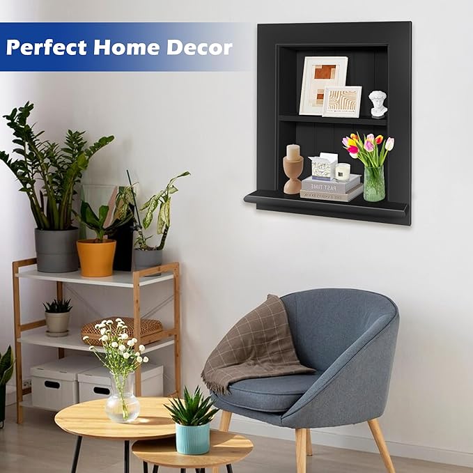 Royxen Bathroom Wall Cabinet with 2-Tier Shelves,Wooden Recessed Medicine Cabinet Over Toilet Storage Cabinet,Bathroom Cabinet Wall Mount for Home Storage, 14 x 18 Inch, Black