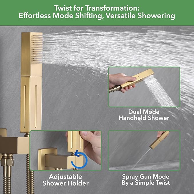 VANFOXLE Shower Faucet Set Brushed Gold Shower System,Shower Faucet with 2 in 1 Handheld,Ceiling Mount 16 Inch Shower Head+6 Inch Shower Head(Rough-in Valve Body and Trim)