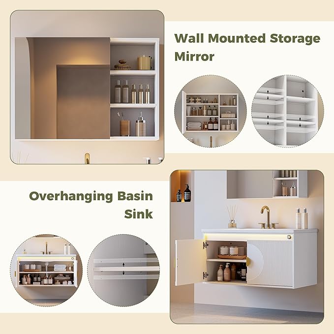 IRONCK Floating Bathroom Vanity with Sink, Mirror Medicine Cabinet, LED Strip Light, 36 Inches Modern Wall Mounted Sink Cabinets & Mirror Cabinets Set with Large Storage Space, White