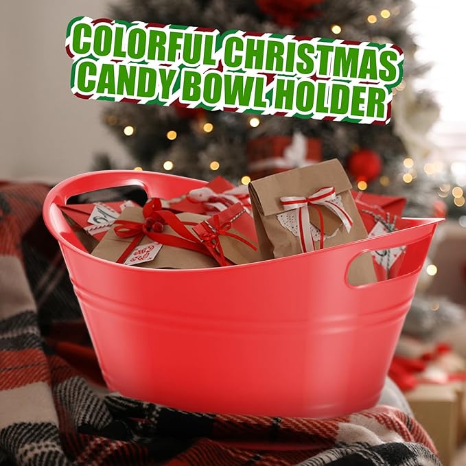 Norme 24 Pcs Oval Storage Tub with Handles, 4.5L Plastic Ice Bucket Wine Beer Champagne Bottle Drink Cooler Tub for Parties Beverage, Storage Basket (Red)