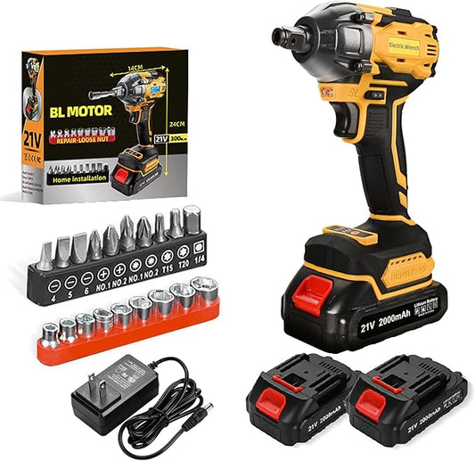 300N Cordless Impact Wrench, 21V Torque Power Driver, 1/2" Brushless Gun With 2*2.0Ah Batteries, 19 Accessories, Electric Motor Variable Speeds for Home Installation (Yellow)