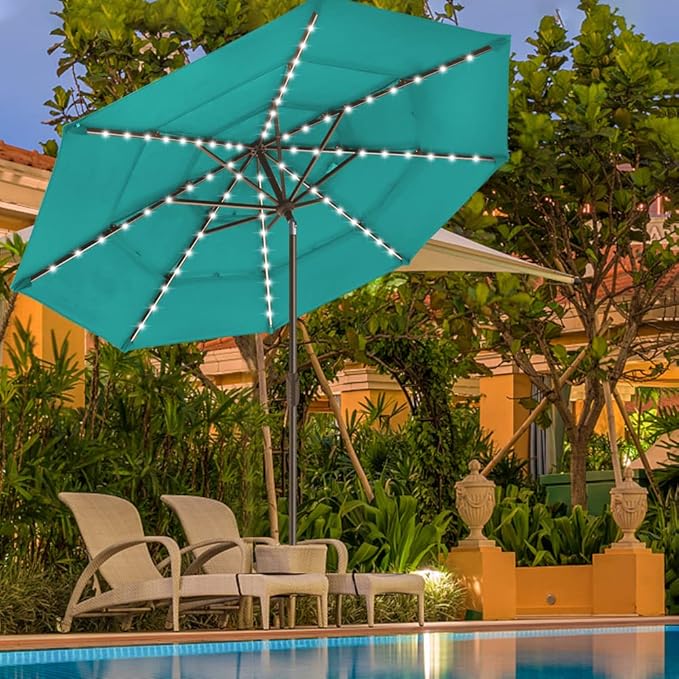 EliteShade USA 10-Year-Non-Fading Solar 9ft 3 Tiers Market Umbrella with 80 LED Lights Patio Umbrellas Outdoor Table with Ventilation,Teal