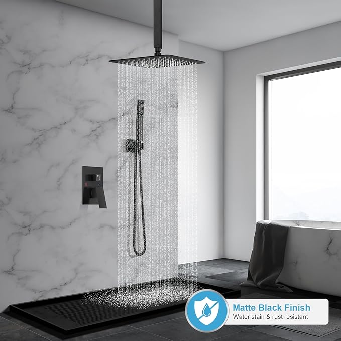 Deluxe Shower Faucet Set, Rain Shower System, 10 inch Ceiling Shower Faucet with Handheld Shower Head, Matte Black