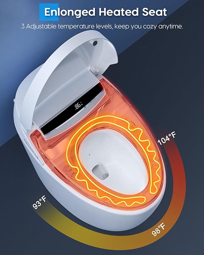 Glendan Smart Toilet Auto Flush: Auto Open Close Lid Seat - 3 Adjustable Heated One Piece Toilet for Bathrooms - Electric Modern Tankless Bidets with Night Lights Remote - Pre-Wetting Slow Close