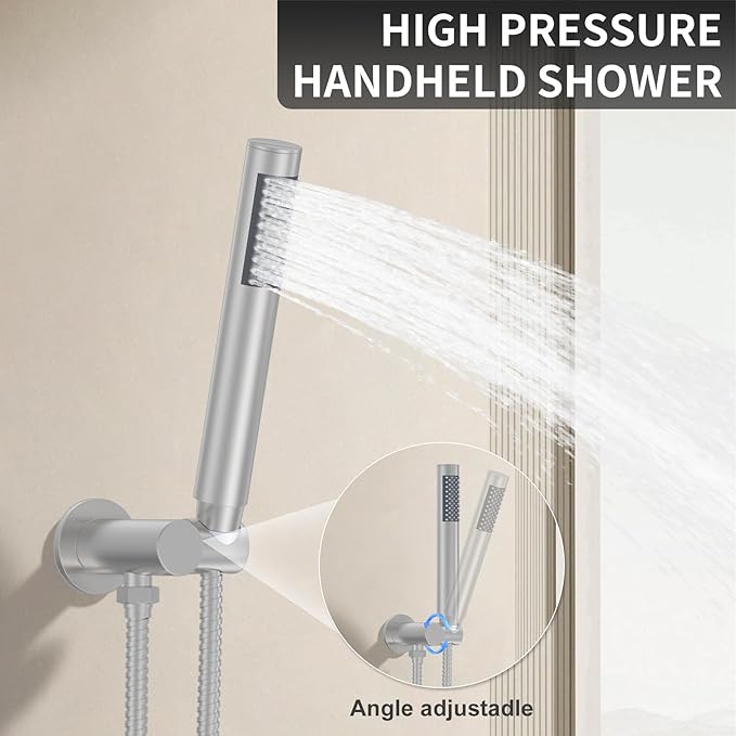 12-Inch Brushed Nickel Shower System: Ultimate High-Pressure Experience with Rainfall & Handheld Heads, Wall-Mounted Mixer, Rough-In Valve, & Trim Kit