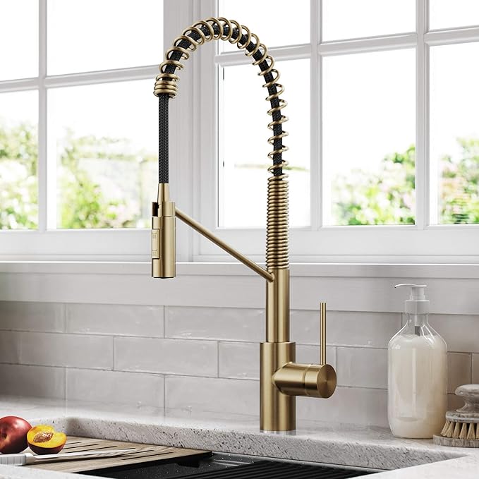 KRAUS Oletto Commercial Style Single Handle Pull Down Kitchen Faucet with QuickDock Top Mount Installation Assembly in Spot Free Antique Champagne Bronze, KPF-2631SFACB