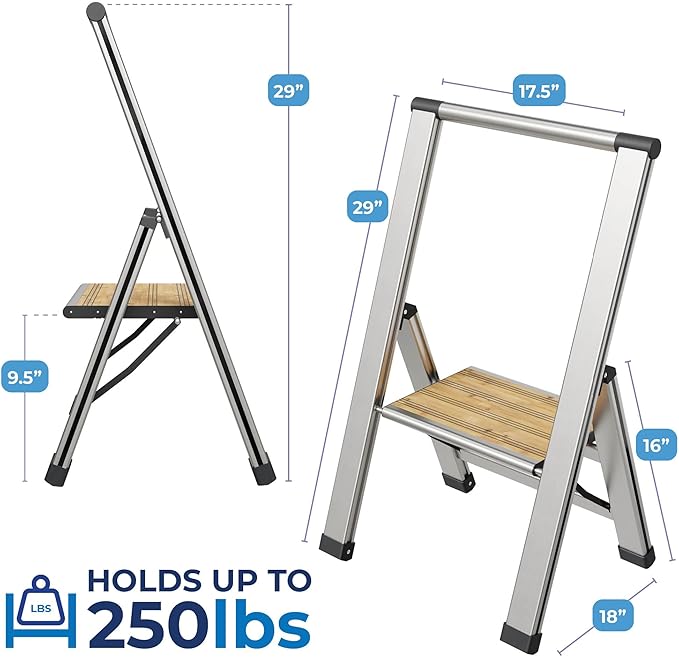 Step Ladder 1 Step Folding, Decorative - Beautiful Bamboo & Silver Aluminum, Ultra Slim Profile, Anti Slip Steps, Sturdy-Portable for Home, Office, Kitchen, Photography Use,by SORFEY